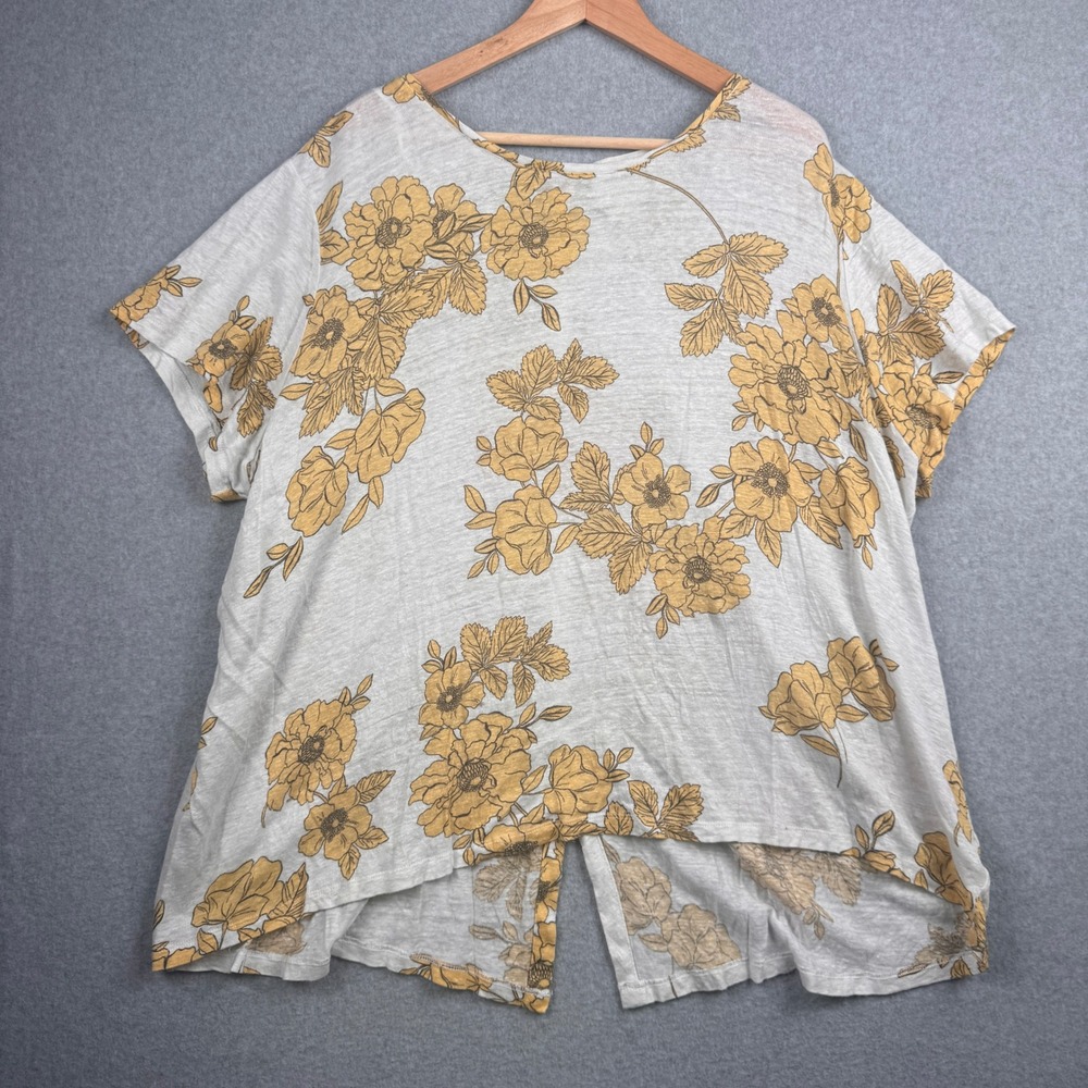 Cynthia Rowley Top Womens 3X White Gold Floral 100% Linen Button Back Beachy